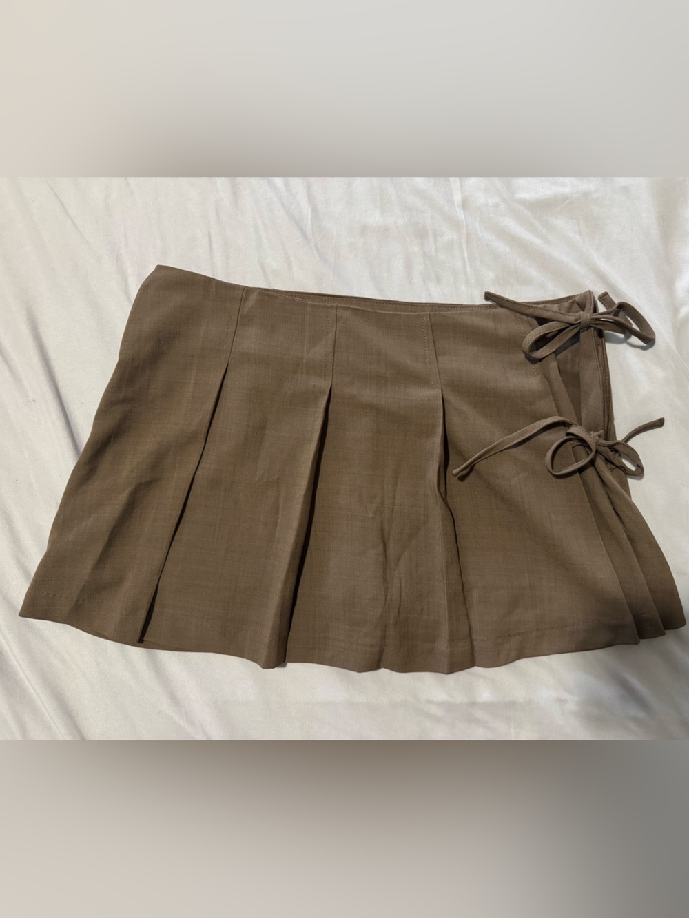 Brown Pleated Mini Skirt with Side Ties